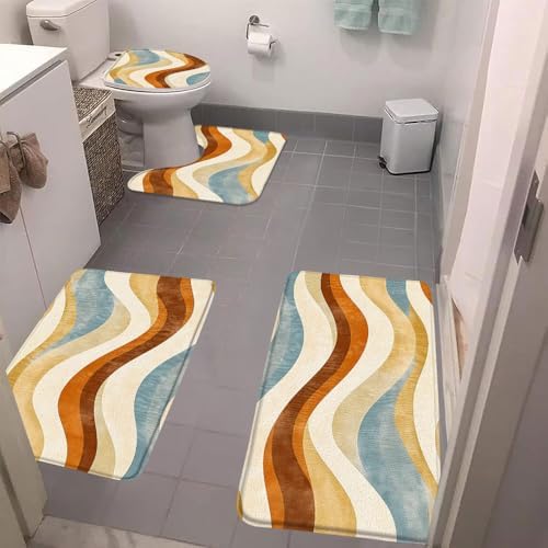 4 Piece Bathroom Rug Sets,Mid Century Modern Boho Abstract Geometric