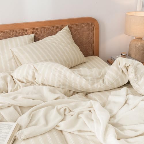 BESTOUCH Striped Cotton Duvet Cover Set Linen Feel Queen