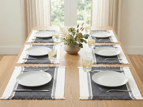 PurpleEssences Stripe Ribbed Placemats - Mineral Gray and H.White