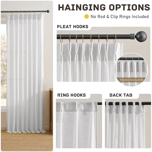RAIN CITY White Pleated Semi Sheer Drapes 50 x 96 Inch Length, Memory