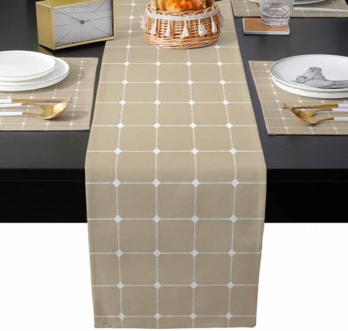 Greige Grid Table Runner and Placemats Set of 4 White Dot Accents