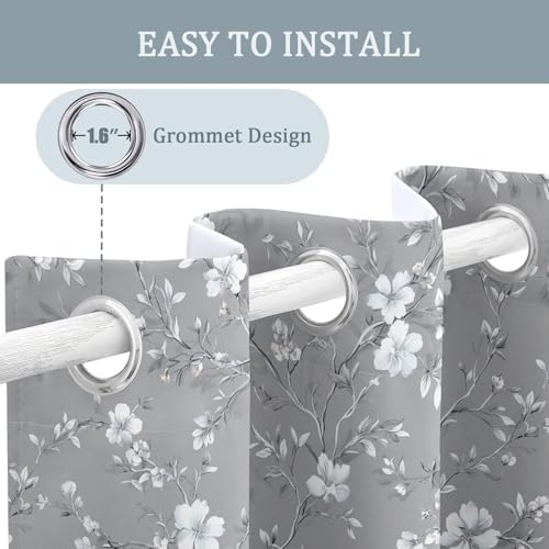 Grey Floral Blackout Curtains for Bedroom, 96 Inch 2 Panels, Flower