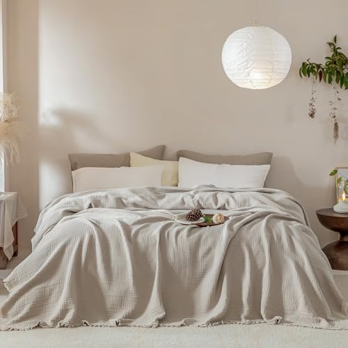 Muslin Fringe Blankets for Adults: 100% Cotton Cloud Soft Queen