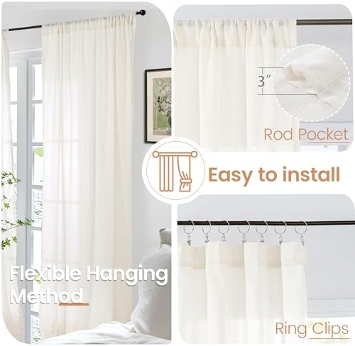 BGment Ivory Linen Curtains 63 Inches Long for Living Room - Semi