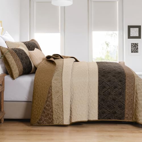 Cottolester Light Brown King Quilt Set,3 Pcs Boho Striped Plaid