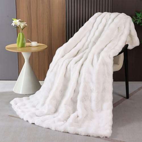 Cream Beige Faux Fur Throw Blanket for Couch, Snuggly Double-Sided