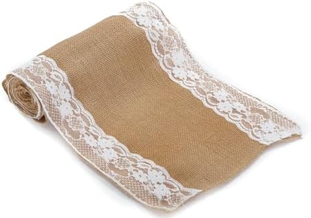 MDS 10 PCS 100% Natural Burlap Table Runners 12" x 108" with Lace