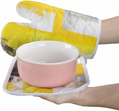 Quilted Cotton Terry Cloth Oven Mitt, Pot Holder Yellow Gray Black