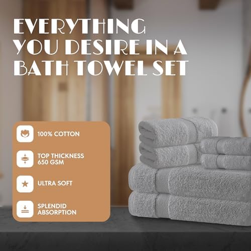 Wealuxe Light Gray Bath Towel Set of 6 - Extra Absorbent 100% Cotton