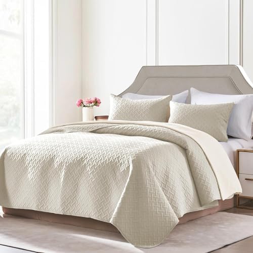 FLYMME Quilts King Size,Lightweight Cream Bedspreads,Basket Weave