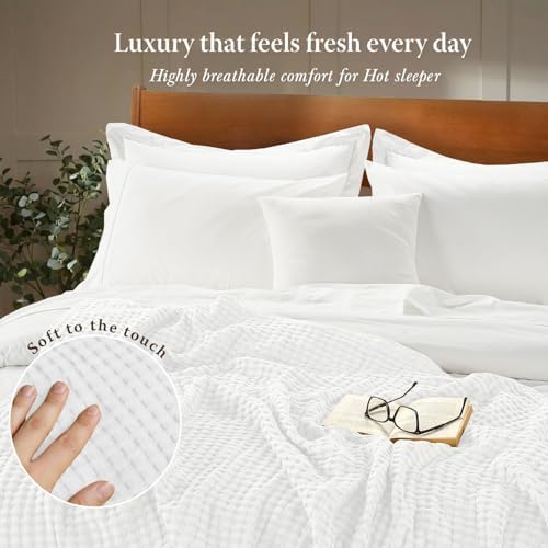 Threadmill King Waffle Bed Blanket, Rayon Derived from Bamboo, White