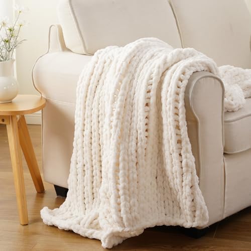 Chunky Knit Throw Blanket for Couch, White Knit Throw Blanket, 50"x60"