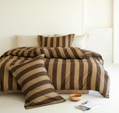 Comforter Set Queen Size - 100% Natural Cotton Brown and Beige Striped