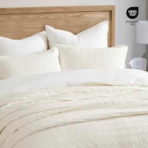 EVERGRACEHOME Stonewashed Cotton Quilt Set, King Size, Ivory White