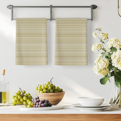 Rustic Beige Striped Kitchen Towels Set of 3, Absorbent Microfiber