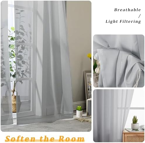 Gwine Light Grey Sheer Curtains 63 Inch Length 2 Panels for Living