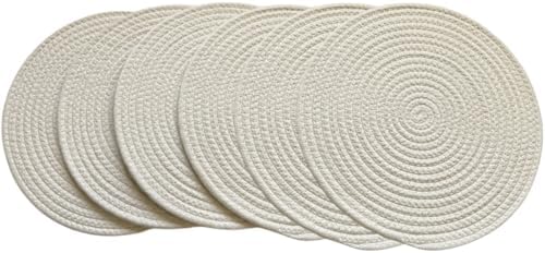 WAZAIGUR Round Placemats Set of 6 Thick Cotton Rope, 13inch, Cream