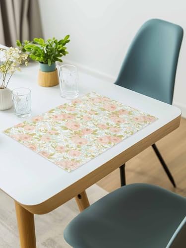 Beige Flowers Placemats for Dining Table Set of 4, Farmhouse Botanical