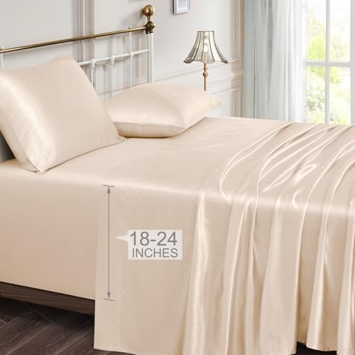 Vonty Beige Satin Sheets King Extra Deep Pocket 18-24In 4PC