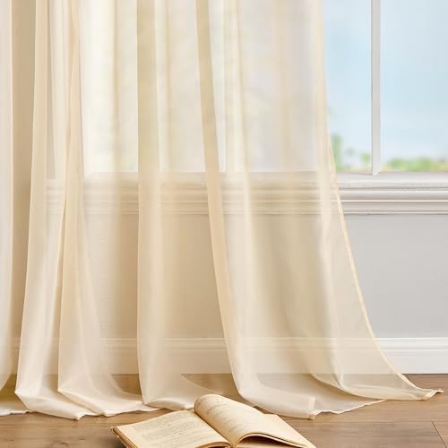 MIULEE 2 Panels Solid Color Cream Beige Sheer Curtains 120 Inch Length