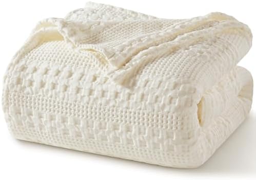 PHF Lightweight 100% Cotton Waffle Blanket for Bed, Queen, Ivory