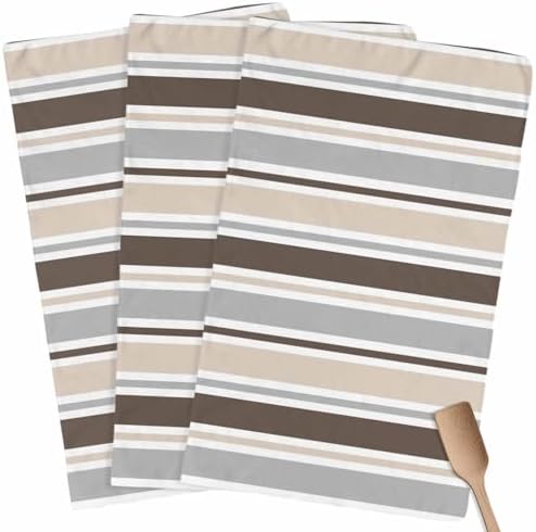 Kitchen Towels Dish Cloths 3 Pack 18x28in,Brown Beige Gray Stripes