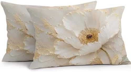 Cream Gold Flowers Outdoor Pillow Covers 20x12 Inch Lumbar Pillow