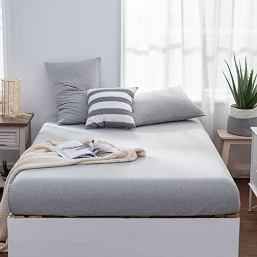 LIFETOWN Jersey Knit Cotton Fitted Sheet Queen Size Light Grey Fitted