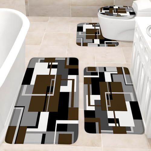 4 Piece Bathroom Rugs Set Brown Bath Mat Black White Gray Geometric