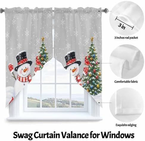 Winter Snowman Swag Valance Curtains Neutral Christmas Tree Red