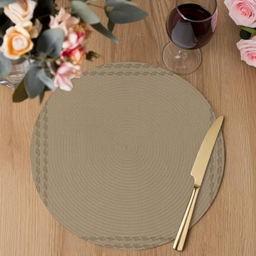 Round Placemats Set of 8 Beige Textured Woven Pattern Place Mats