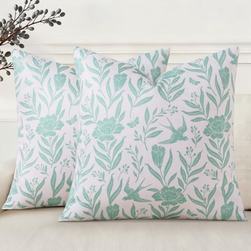 decorUhome Aqua Linen Print Floral Throw Pillow Covers 20x20 Set of 2