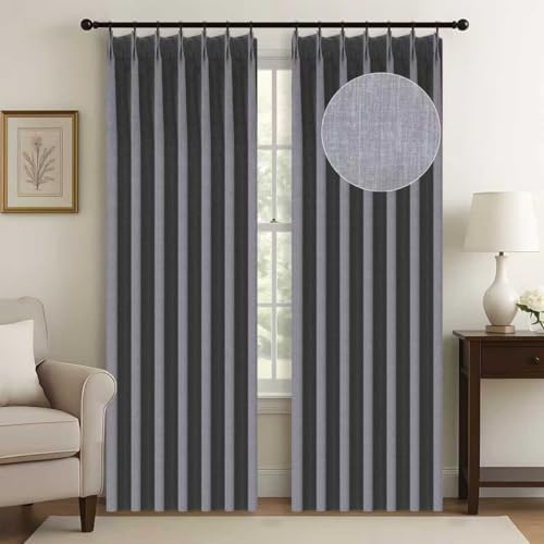 WdFour Pinch Pleated Curtains, Full Blackout Linen Look Window