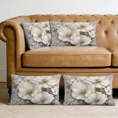 Cream Gold Flowers Lumbar Pillow Covers 12 x 20 Inch Pillow Covers Set