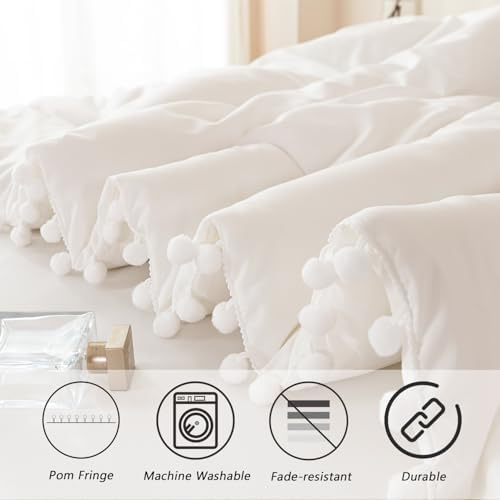 PERFEMET Ivory Bed in A Bag Queen 5 Pieces Pom Pom Boho Bed Set for
