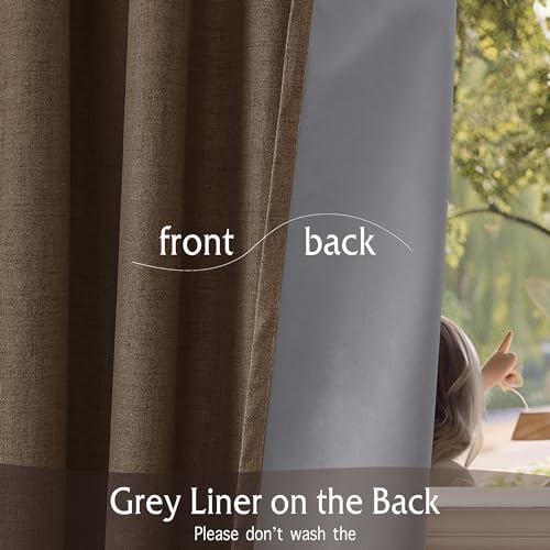 RYB HOME Brown 100% Blackout Linen Curtains 72 Inch Long for Bedroom