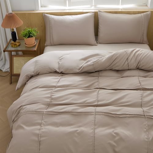 AiMay Duvet Cover Set Queen Size Pintuck Pleated Bedding Set 3 Pieces