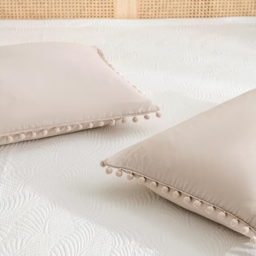 Taupe Pom Poms Pillowcases King, Khaki Tan Pillowcases Set of 2, 100%