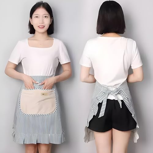 Kitchen Cooking Apron with Pockets, Cotton Striped Waist Apron