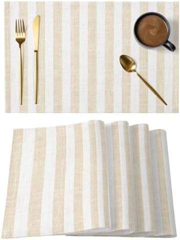 Beige Striped Placemats Set of 4, Cotton Linen Fabric Place Mats