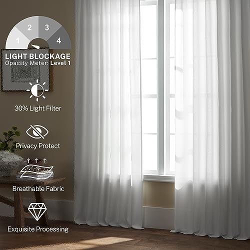 White Linen Curtains 63 Inch Length for Living Room 2 Panels Back Tab