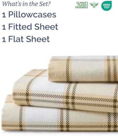 Flannel Christmas Sheets - 100% Cotton Flannel Sheet Set - Taupe Plaid