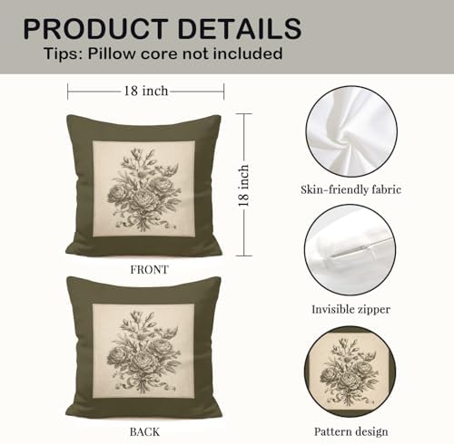 Vintage Peony Floral Pillow Covers 18x18, Antique Olive Green