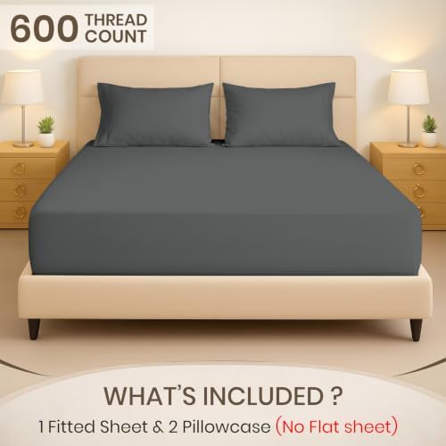 Kotton Culture 3 Pc King Size Fitted Sheet Dark Grey with 2 Pillow