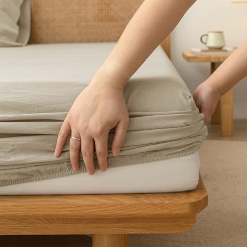 BESTOUCH 100% Washed Cotton Linen Feel Sheet Set, Almond Milk Grey