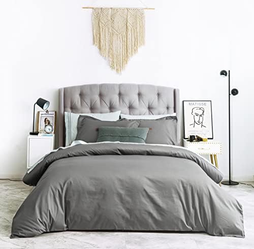SUSYBAO Soft Grey Duvet Cover Queen 100% Cotton 3 Pieces Set