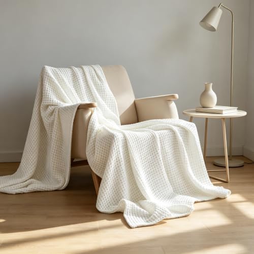 Lightweight 100% Cotton Waffle Blanket,Throw XL,Ivory