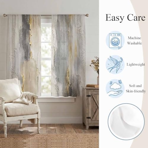 Textured Plaster Window Sheer Curtain Minimalist Abstract Gray Beige