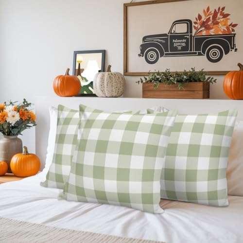 Sage Green White Plaid Waterproof Pillow Covers Set of 2,Minimalist