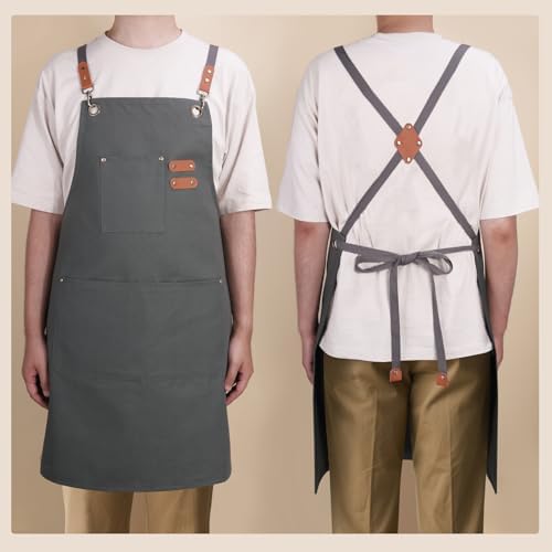 Chef Aprons for Men Women with Large Pockets, Cotton Canvas Water